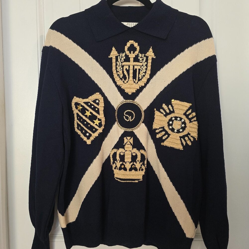 St John Sportswear Navy Blue and Gold Nautical Sweater Size S